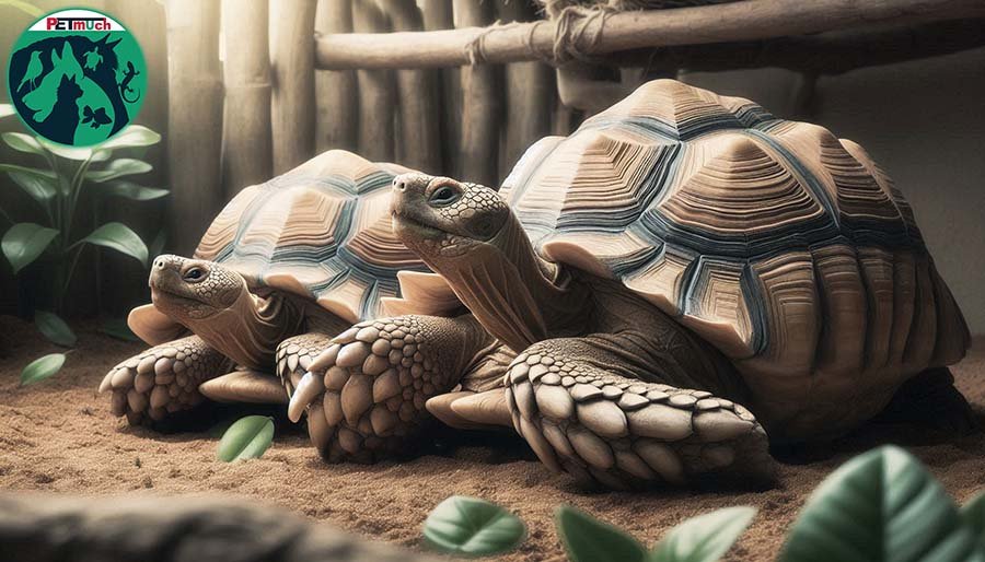 Male and Female African Spurred Tortoise inside enclosure