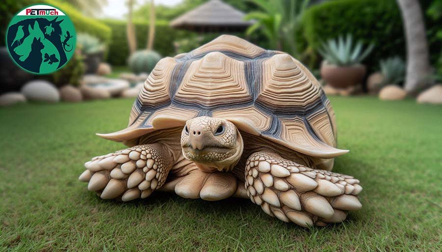 Pet African Spurred Tortoise in the garden
