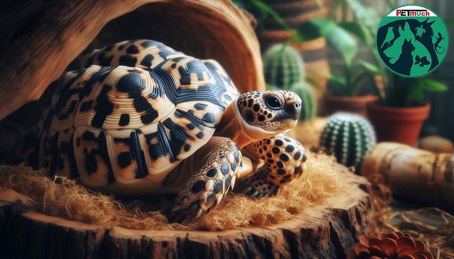 Pet Leopard Tortoise inside indoor habitat