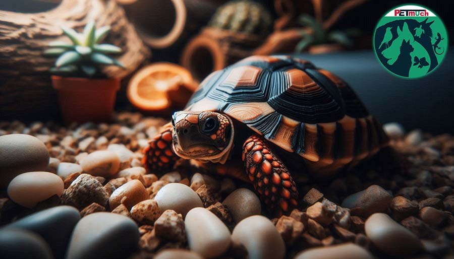 Red Footed Tortoise inside indoor habitat