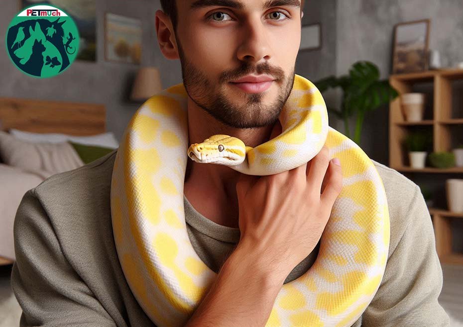 Albino Burmese Python with owner
