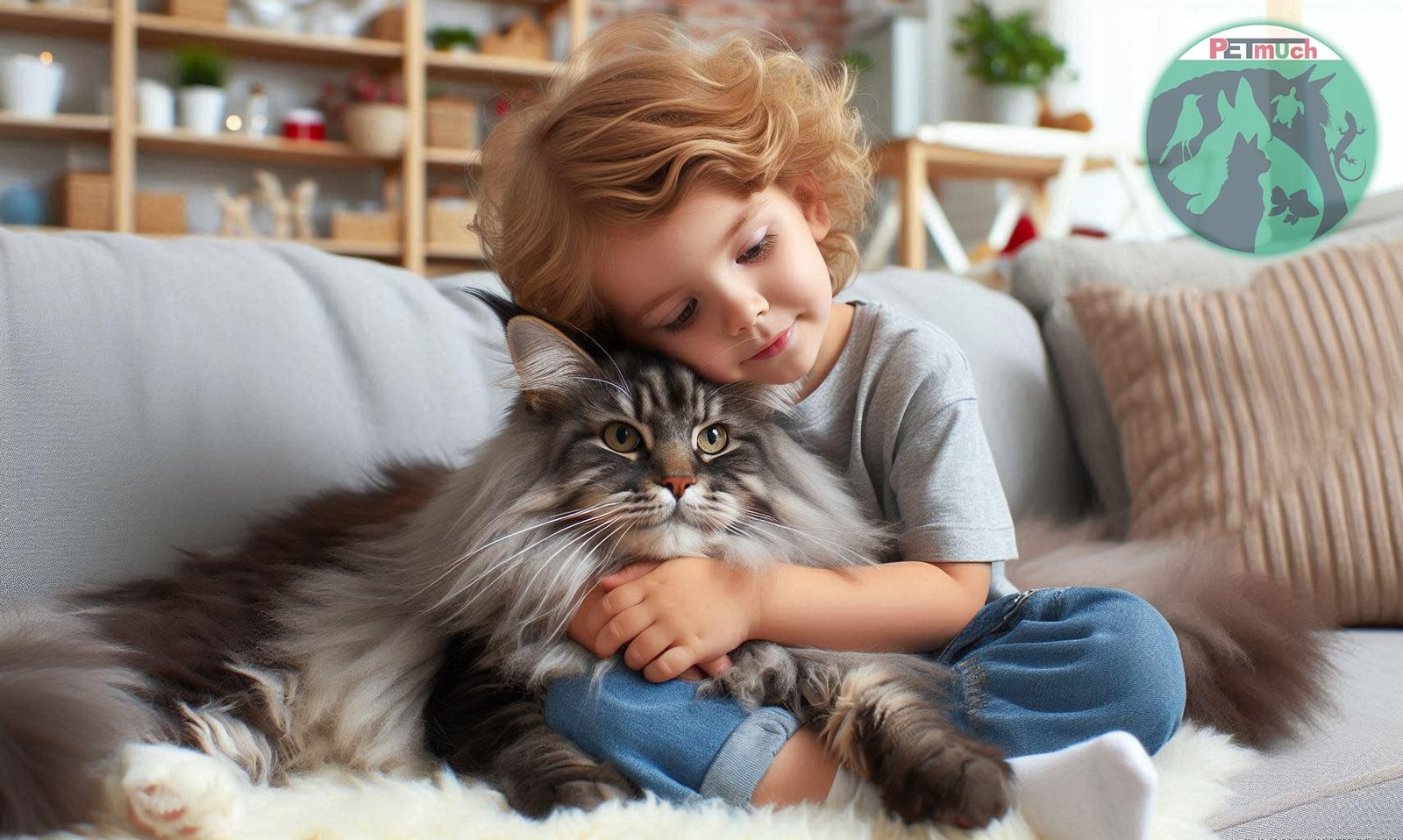 AI Created Image of a Maine Coon Cat with a boy