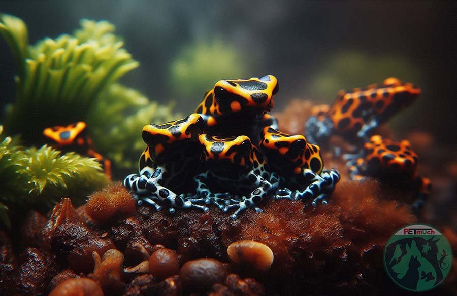 Image of poison dart frogs in indoor habitat. AI generated photo.