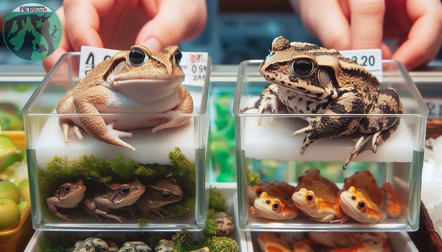 Image of frogs and toads being sold in a pet store. AI generated photo.