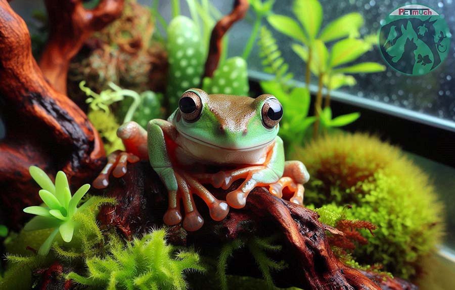 Image of green tree frog in indoor habitat. AI generated photo.